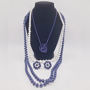 60s Vintage Blue and White Beaded Necklace and Earrings Lot - Nautical